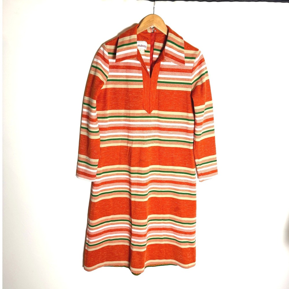 Vintage Peekaberry Orange Striped Shift Dress Mod Long Sleeve L 60's 70's